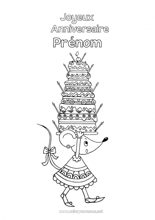 Coloriage à imprimer Gâteau Anniversaire Souris Joyeux anniversaire (français) Message Animaux de la forêt