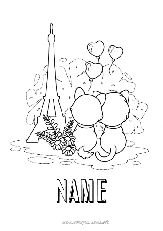 Coloring page to print Heart Cat France Dog and cat 14 July Eiffel Tower Paris Monument