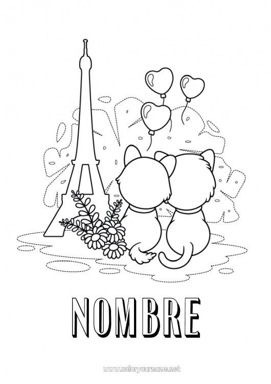 Dibujo para colorear para imprimir Corazón Cat Francia Perros y gatos 14 de julio Torre Eiffel Paris Monument