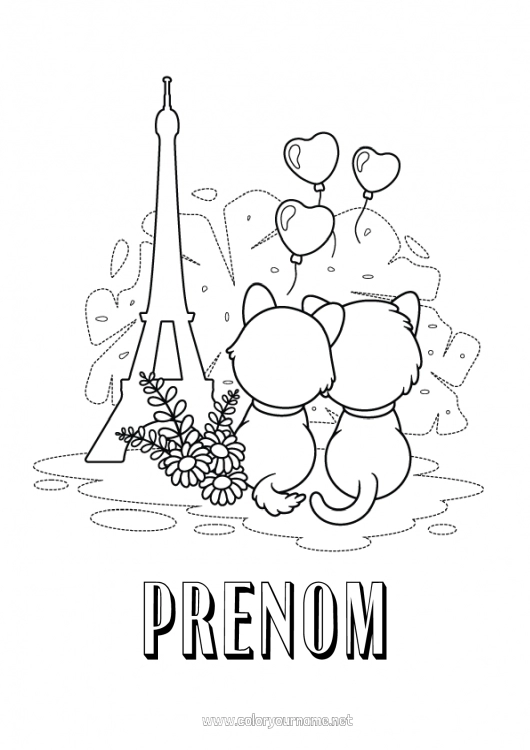 Coloriage à imprimer Coeur Chat France Chiens et chats 14 juillet Tour Eiffel Paris Monument