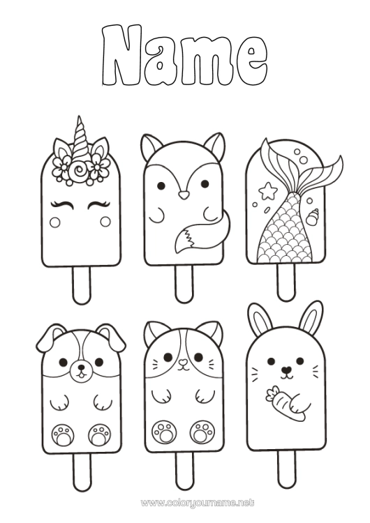 Colouring page to print Cute Unicorn Fox Rabbit Animal Fish Treats, Sweets Ice Cream Easy Colouring Pages Marine Or Aquatic Animals Dogs And Cats Dragons, Unicorns, And Fantastical Creatures Forest Animals