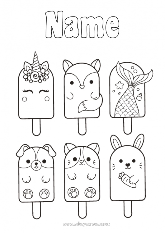 Coloring page to print Kawaii Unicorn Fox Bunny Animal Fish Treats Ice cream Easy coloring pages Marine or aquatic animals Dog and cat Dragons, unicorns and fantastic animals Forest animals