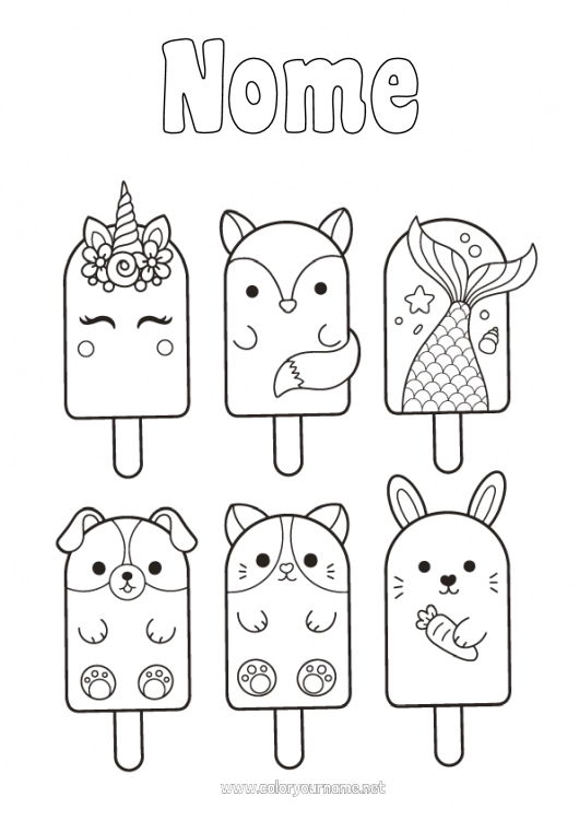 Página de desenho para imprimir Kawaii Unicórnio Raposa Coelho Animal Peixe Guloseimas, doces Sorvete Desenhos para colorir fáceis Animais marinhos ou aquáticos Cães e gatos Dragões, unicórnios e animais fantásticos Animais da floresta