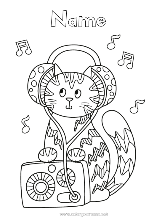 Colouring page to print Cat Animal Music Dogs And Cats Music Day Musical Note