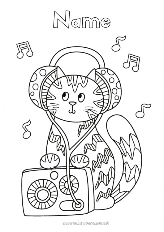 Coloring page to print Cat Music Dog and cat World Music Day