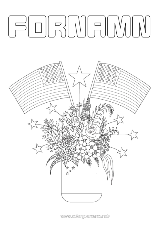 Färgläggningssida att skriva ut Blommor USA Flagga Vas 4 juli