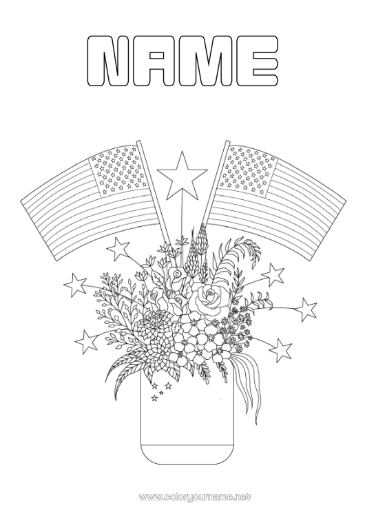 Colouring page to print Flowers United States Of America Flag Vase 4Th Of July