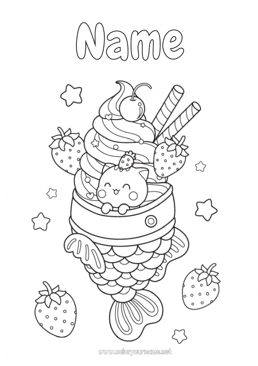 Coloring page to print Kawaii Fish Mermaid Fruits Treats Ice cream Strawberry Marine or aquatic animals