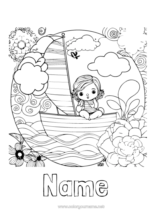 Colouring page to print Girl Summer Vehicles Boat Sailboat Marine Vehicles