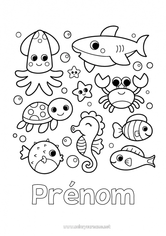 Coloriage à imprimer Kawaii Tortue Méduse Mer Animal Poisson Hippocampe Crabe Coquillages Requin Étoile de mer Animaux marins ou aquatique Reptiles Pieuvre, poulpe