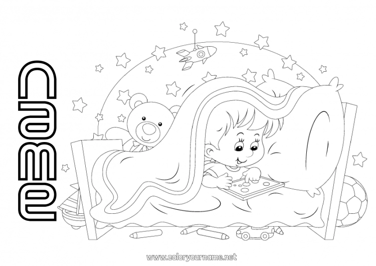 Coloring page to print Boy Bed Games and toys Plush