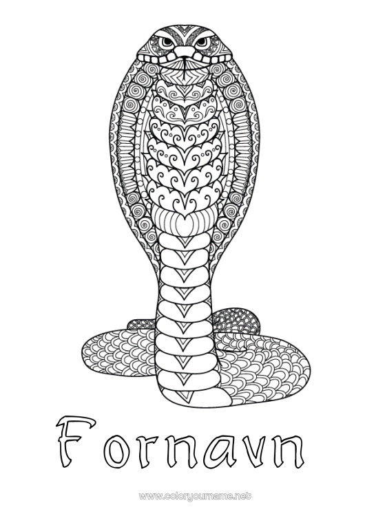 Farvelægningssiden til udskrivning Mandala Dyr Slange Komplekse farvelægninger Zentangle Reptiler