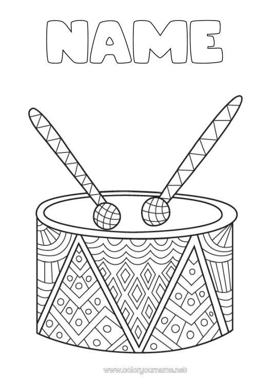 Colouring page to print Music Zentangle Anti-Stress Music Day Musical Instruments Drum