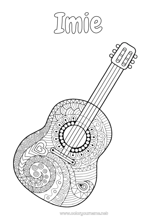 Kolorowanka do wydruku Spokojny i zen Mandala Muzyka Antystres Święto Muzyki Gitara Instrumenty muzyczne