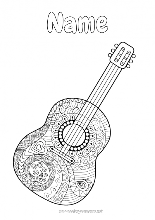 Coloring page to print Calm and zen Mandala Music Antistress World Music Day Guitar Musical instruments