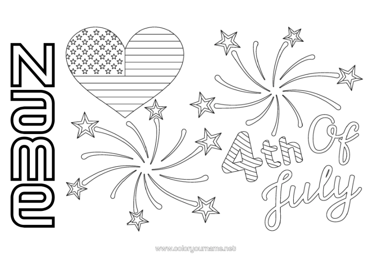 Colouring page to print Heart Firework United States Of America Flag 4Th Of July