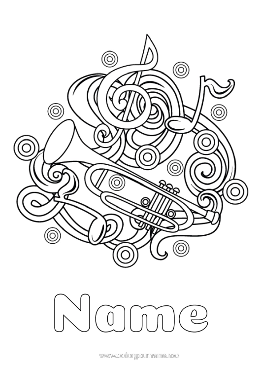 Colouring page to print Music Music Day Musical Instruments Trumpet Musical Note