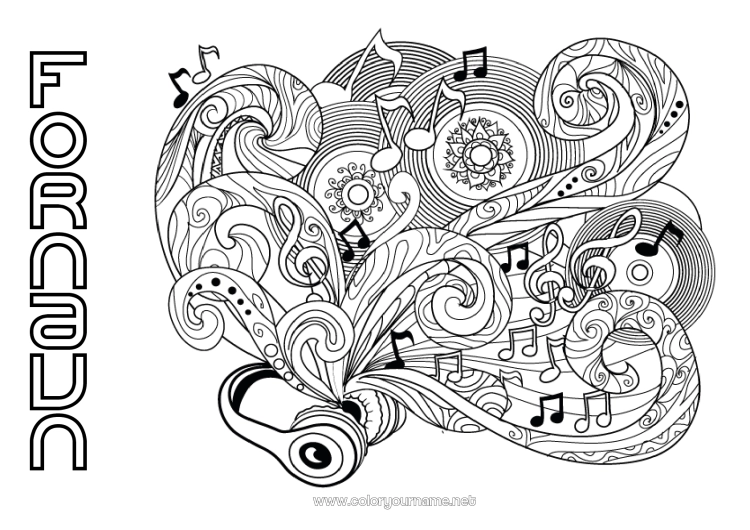 Fargeleggingssiden til utskrift Musikk Doodle Zentangle Anti-stress Musikkens dag Musikkinstrumenter