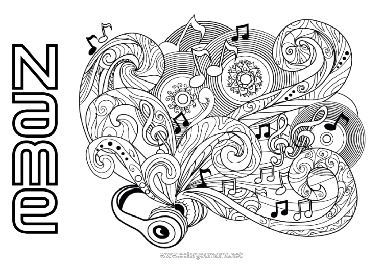 Colouring page to print Music Doodle Zentangle Anti-Stress Music Day Musical Instruments Musical Note