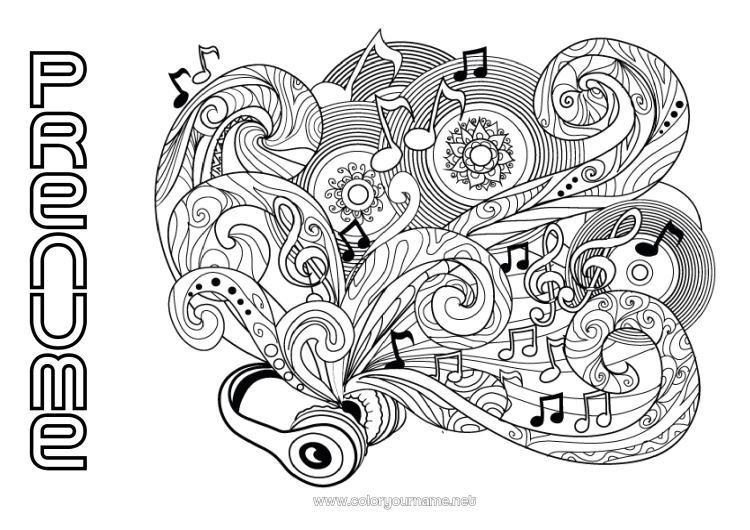 Pagină de colorat de imprimat Muzică Doodle Zentangle Anti-stres Sărbătoarea muzicii Instrumente muzicale
