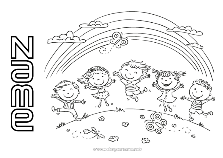 Colouring page to print Girl Boy Child Rainbow
