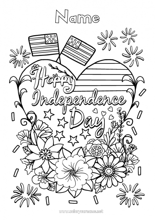 Coloring page to print Flowers Firework USA Flag 4th July