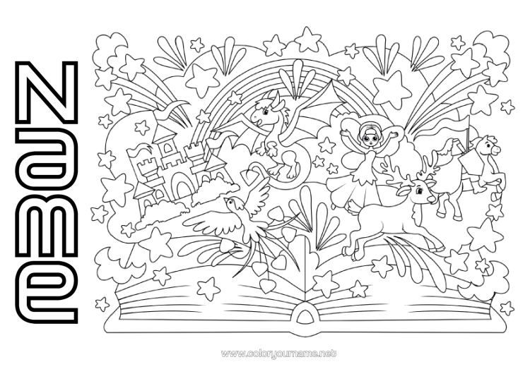 Colouring page to print Animal Book Dragons, Unicorns, And Fantastical Creatures Fairy Reading