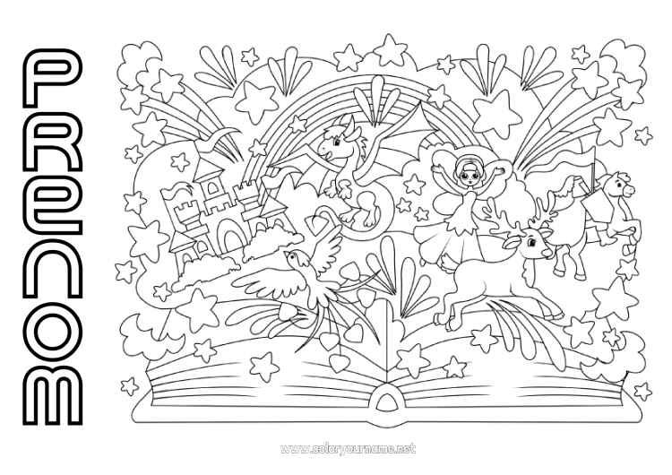 Coloriage à imprimer Livre Dragons, licornes et animaux fantastiques Fée Lecture