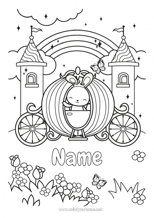 Coloring page to print Pumpkin Cute Castle Kawaii Bunny Princess Rainbow Fairy tale Carriages and coaches Forest animals Historical or vintage vehicles