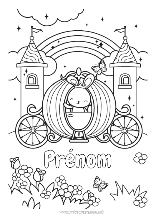 Coloriage à imprimer Citrouille Mignon Château Kawaii Lapin Princesse Arc en ciel Conte de fées Calèches et carrosses Animaux de la forêt Véhicules historiques ou vintages