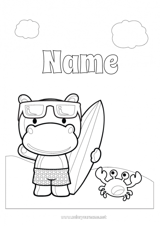 Coloring page to print Hippopotamus Beach Animal Surf Wild animals of Africa Nautical sports