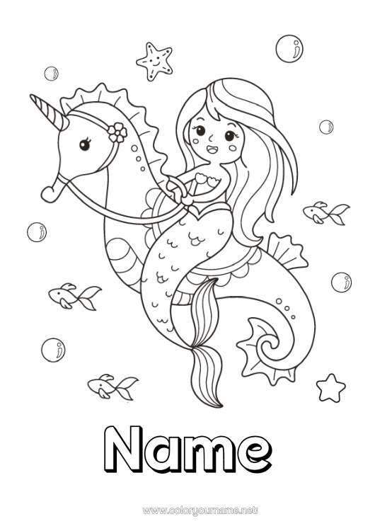 Colouring page to print Cute Cute Unicorn Animal Siren Seahorse Fairy Tale Marine Or Aquatic Animals Dragons, Unicorns, And Fantastical Creatures