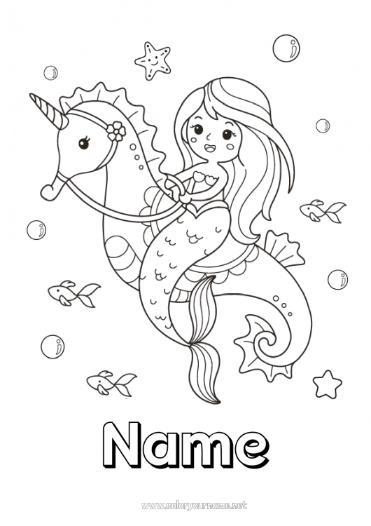 Coloring page to print Cute Kawaii Unicorn Mermaid Seahorse Fairy tale Marine or aquatic animals Dragons, unicorns and fantastic animals