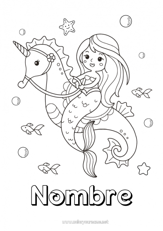 Dibujo para colorear para imprimir Lindo Kawaii Unicornio Sirena Caballo de mar Cuento de hadas Animales marinos o acuáticos Dragones, unicornios y animales fantásticos