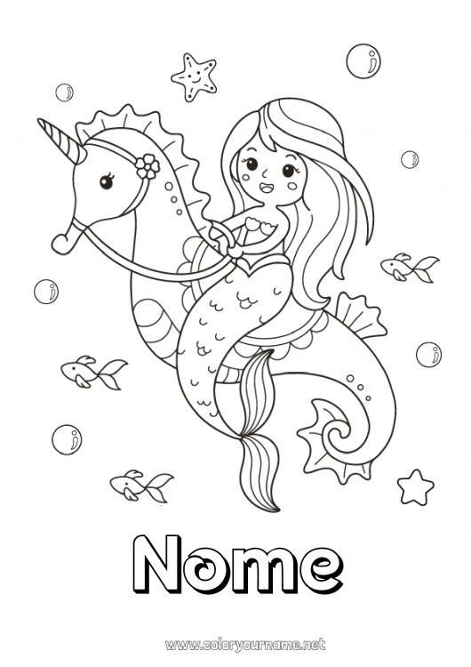 Pagina da colorare da stampare Carino Kawaii Unicorno Sirena Cavalluccio marino Fiaba Animali marini o acquatici Draghi, unicorni e animali fantastici