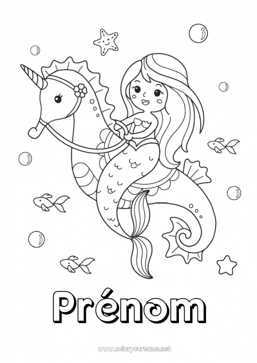 Coloriage à imprimer Mignon Kawaii Licorne Sirène Hippocampe Conte de fées Animaux marins ou aquatique Dragons, licornes et animaux fantastiques