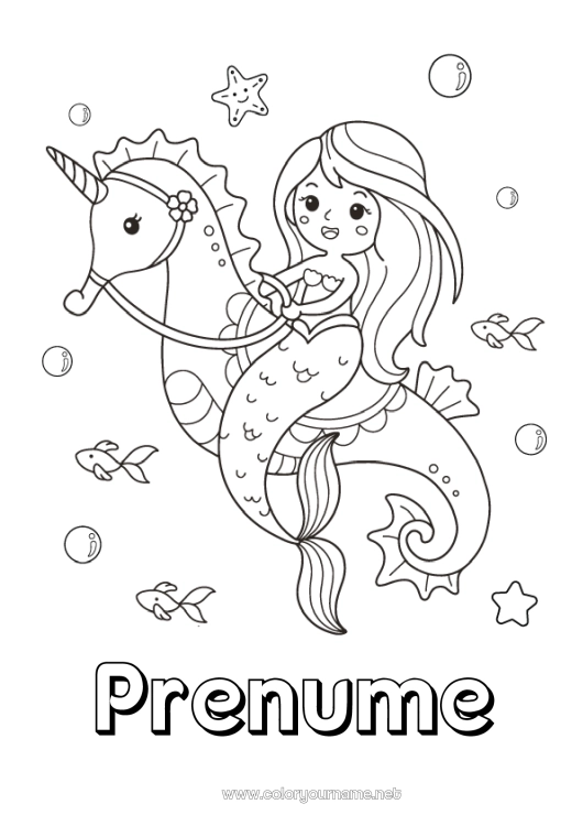 Pagină de colorat de imprimat Drăguț Drăguț Unicornă Animal Sirena Hipocamp Poveste cu zâne Animale marine sau acvatice Dragoni, unicorni și animale fantastice