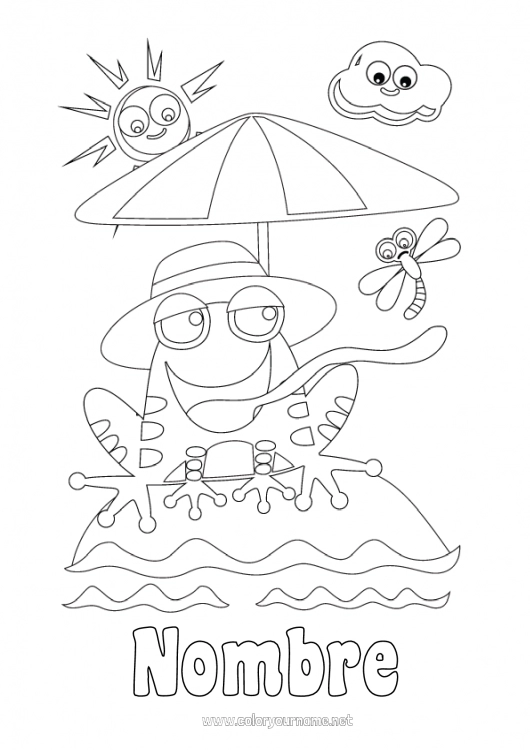 Dibujo para colorear para imprimir Rana Verano Playa Animales marinos o acuáticos Parasol, sombrilla de playa