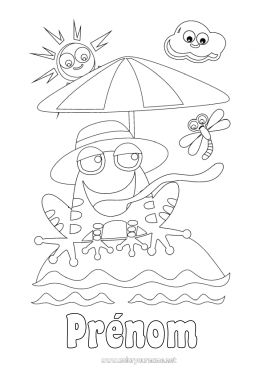 Coloriage à imprimer Grenouille Été Plage Animaux marins ou aquatique Parasol