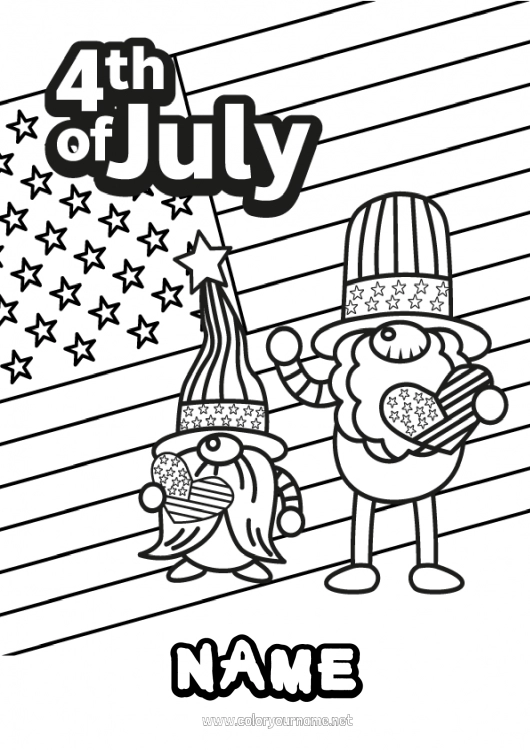 Coloring page to print USA Gnome Flag 4th July