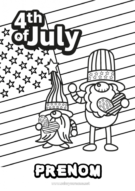 Coloriage à imprimer USA Gnome Drapeau 4 juillet