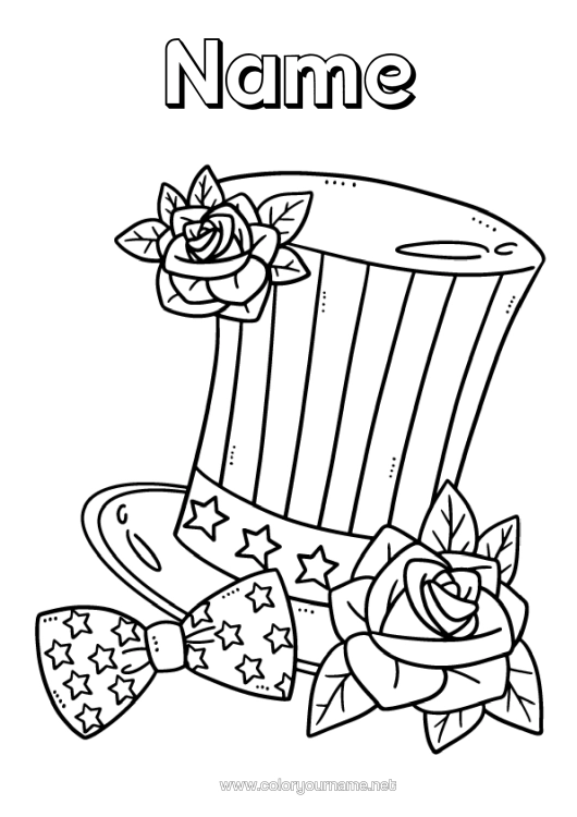Colouring page to print United States Of America Hat Rose 4Th Of July Bow Tie