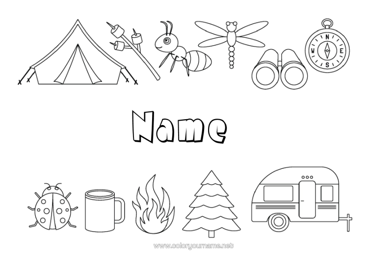 Colouring page to print Sweets Summer Ladybird Symbols Ant Insects Camping Tent Compass Dragonfly Fire Fir Tree