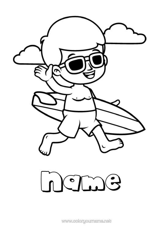 Colouring page to print Sport Boy Surfing Swimsuit Water Sports Glasses