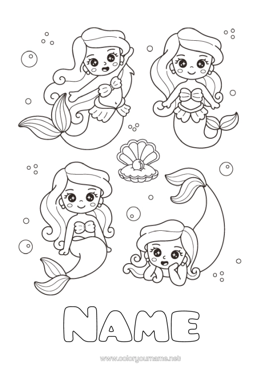 Colouring page to print Cute Siren Shellfish Marine Or Aquatic Animals