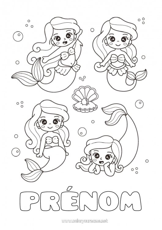 Coloriage à imprimer Kawaii Sirène Coquillages Animaux marins ou aquatique