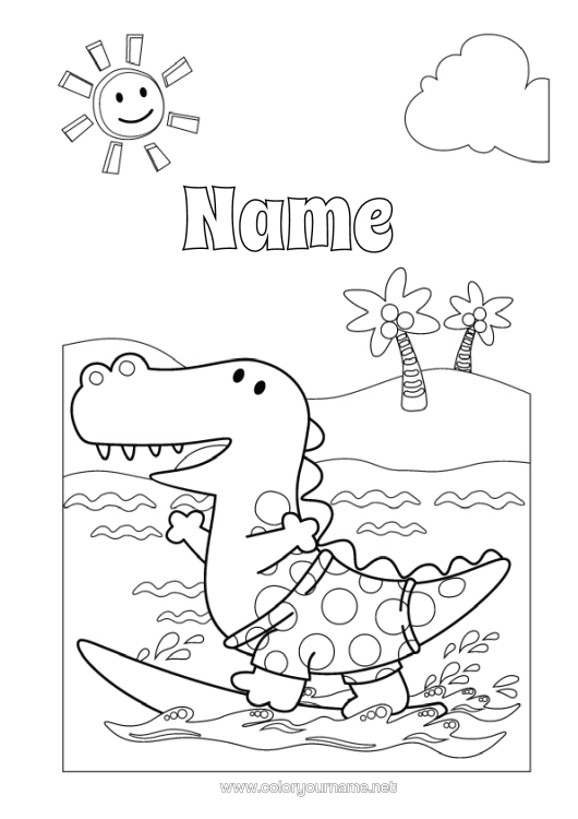Colouring page to print Sport Crocodile Sun Sea Animal Palm Tree Surfing Reptiles Water Sports