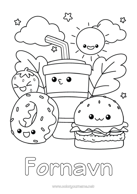 Farvelægningssiden til udskrivning Kawaii Donuts Drik Sodavand Mellemliggende farvelægninger Hamburger