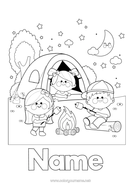Colouring page to print Child Intermediate Colouring Sheets Camping Tent Fire