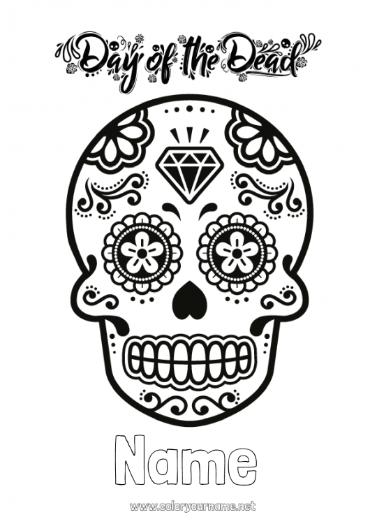 Coloring page to print Skull Día de los Muertos